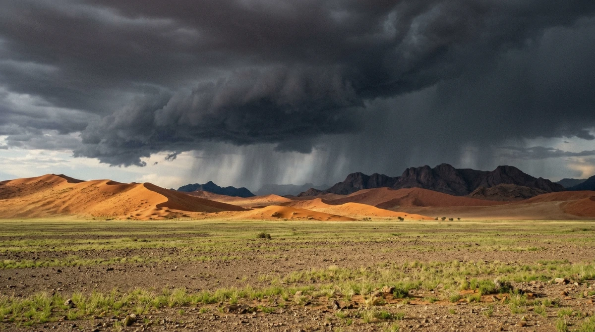 Storm clouds building over sunlit red dunes during the green season on a trip to the best time to visit the Namib Desert, Namibia