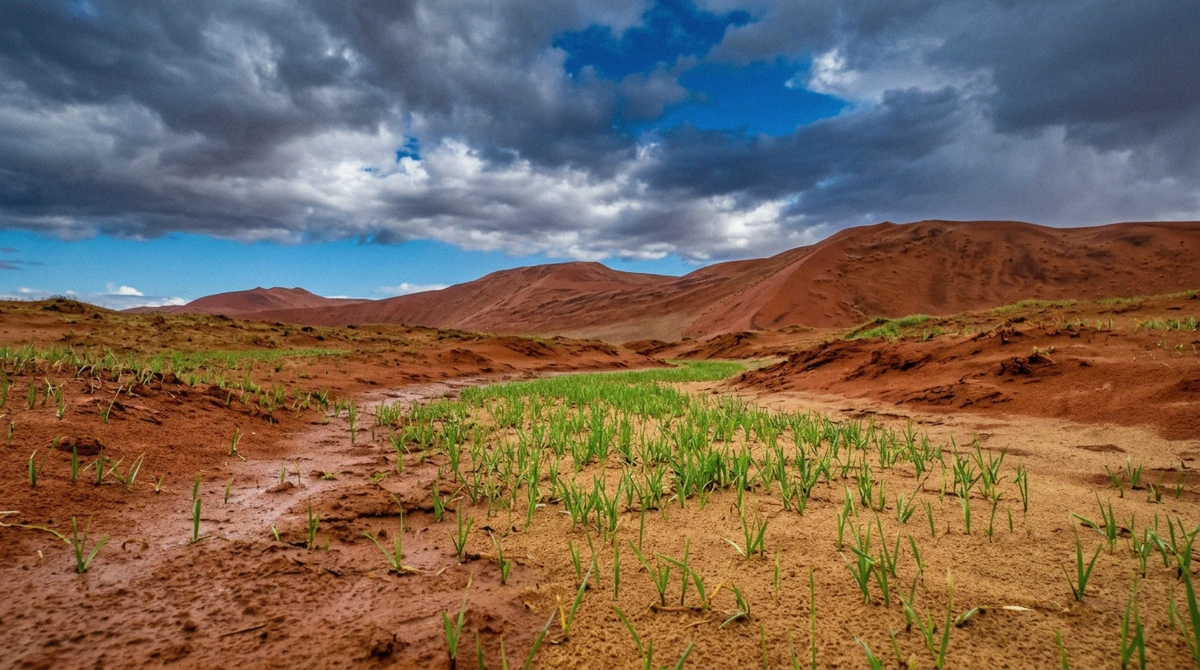 Green grass shoots between red dune foothills after rare rain in the Namib Desert