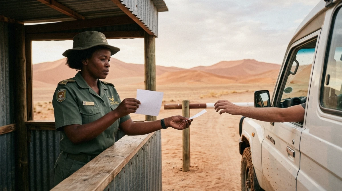 A park permit being checked at a gate booth with red dunes in the background in Namibia