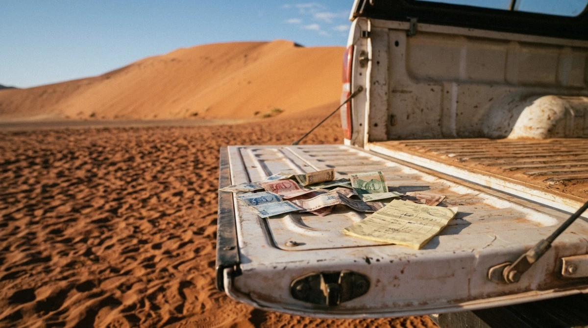 A hand paying park entry fees at the Sesriem gate counter, illustrating Namib Desert tour cost in Namibia