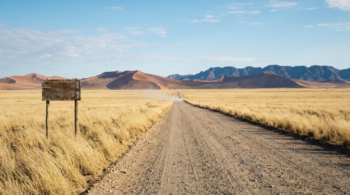 A gravel road stretching toward the dunes on the route from Windhoek to Sossusvlei, Namib Desert, Namibia
