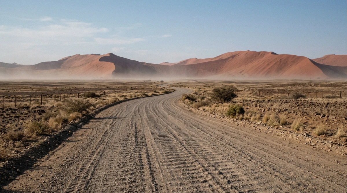 A corrugated gravel road winding toward red dunes under a clear sky in Namibia