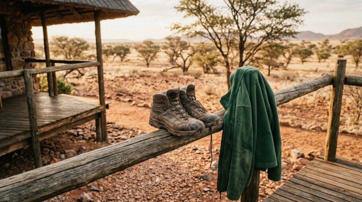 Hiking boots and a fleece drying on a lodge veranda in the desert morning sun in Namibia