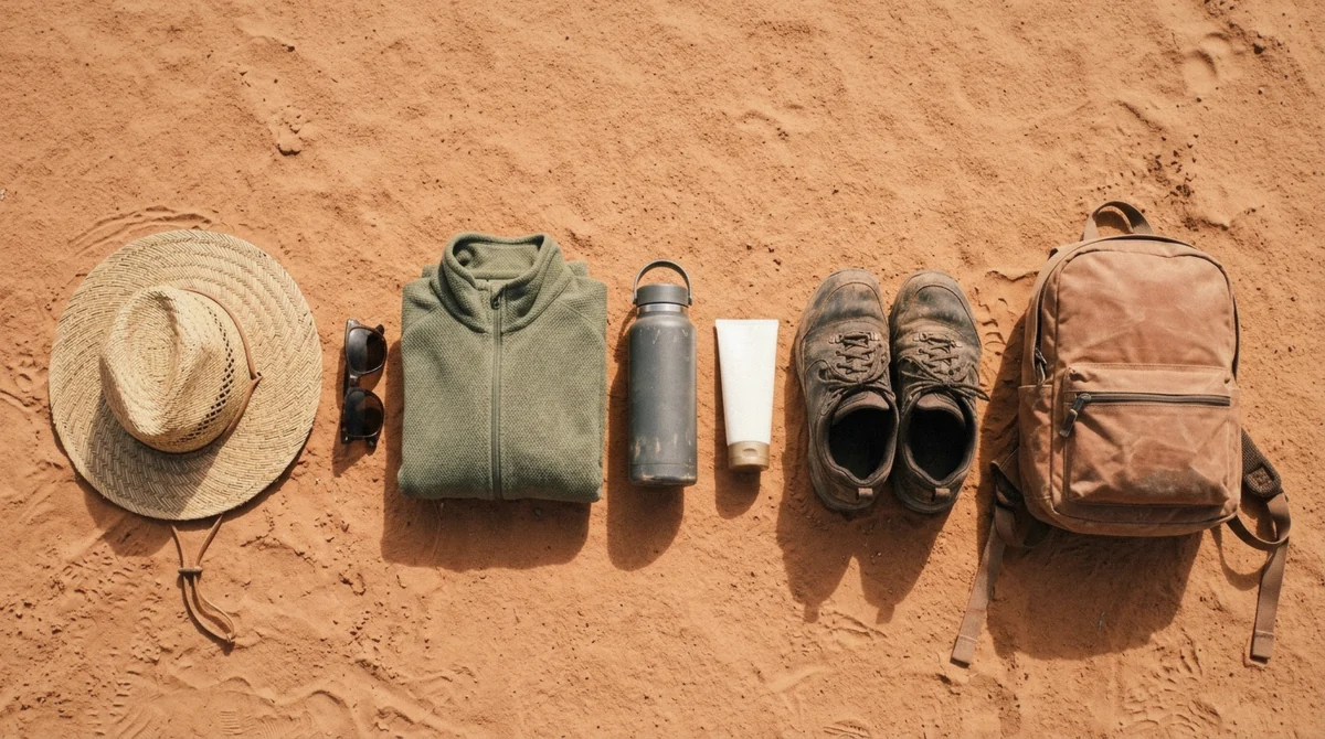 A packed day bag with a fleece, sunglasses and closed shoes laid out before a trip on what to wear Namib Desert tours require, Namibia