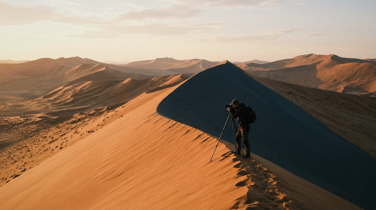 A photographer shooting long shadows on dune ridges at sunrise in the Namib Desert