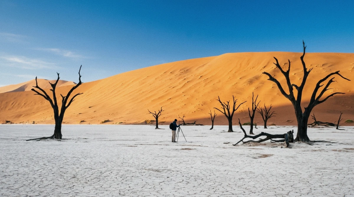 A photographer's tripod set up at dawn on a dune ridge, planning Namib Desert photography before the light climbs, Namibia