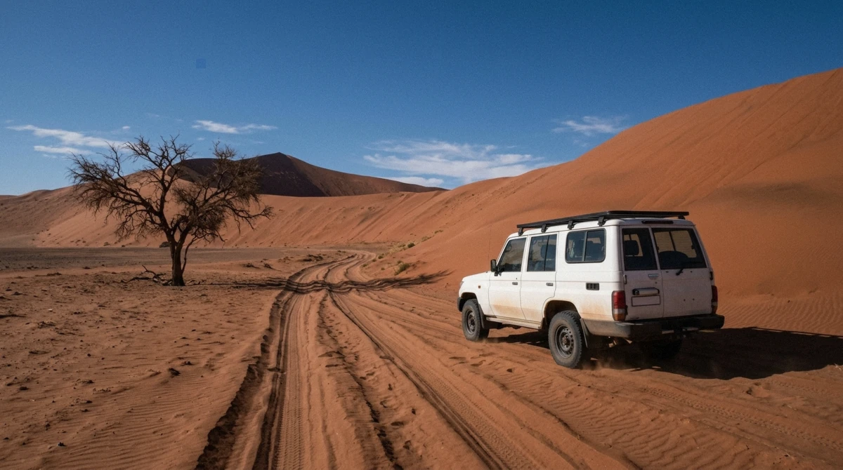 A rental sedan parked at the 2x4 parking area near Sossusvlei, showing how far a Sossusvlei self drive trip can go alone, Namibia