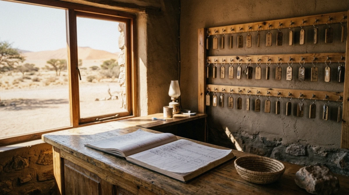 A reception desk with a booking calendar at a desert lodge near Sesriem in Namibia