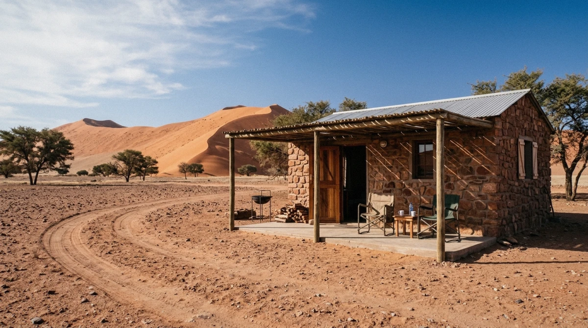 A quiet lodge terrace facing the dunes near Sesriem, illustrating where to stay near Sossusvlei and the Namib Desert, Namibia