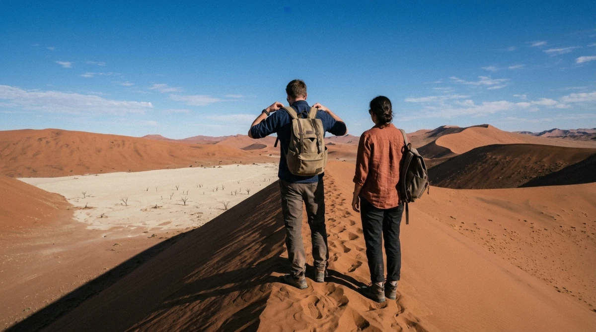 A small group of travelers walking the ridge of a red dune at sunrise, weighing whether Namib Desert tours are worth it, Namibia