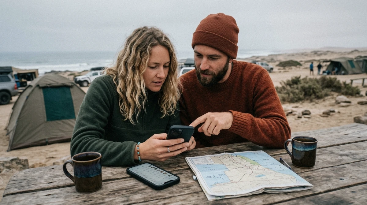 Travellers comparing tour prices on a phone at a campsite table in Swakopmund, Namibia