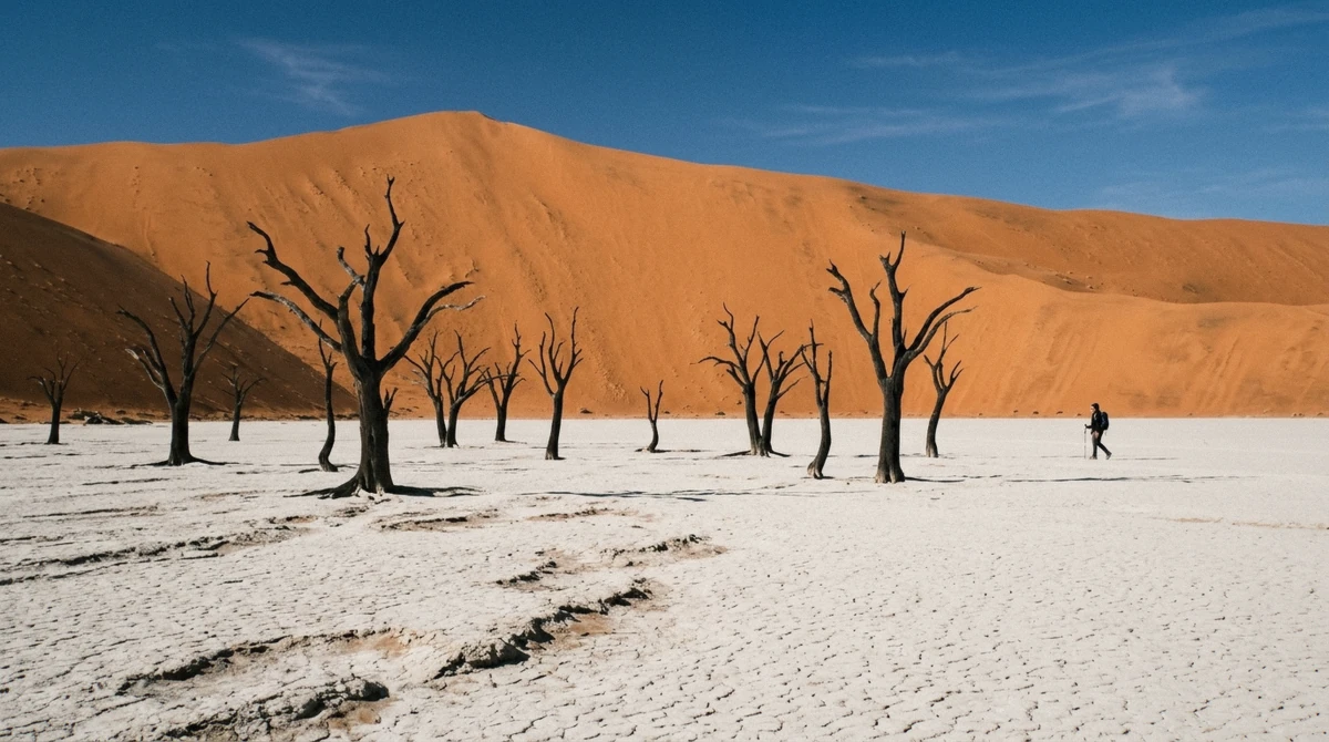 Dead camel thorn trees on the white clay pan of Deadvlei beneath an orange dune on a Namib Desert tour at Sossusvlei, Namibia