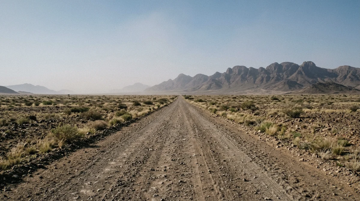 An empty gravel road running through the gravel plains toward the dunes on a Namib Desert tour between Swakopmund and Sesriem, Namibia