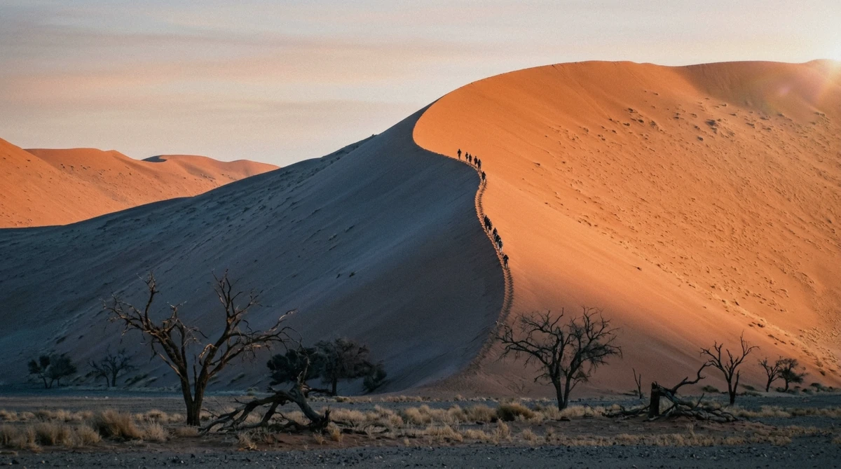 A line of climbers on the sharp ridge of Dune 45 at sunrise on a Sossusvlei tour in the Namib Desert, Namibia