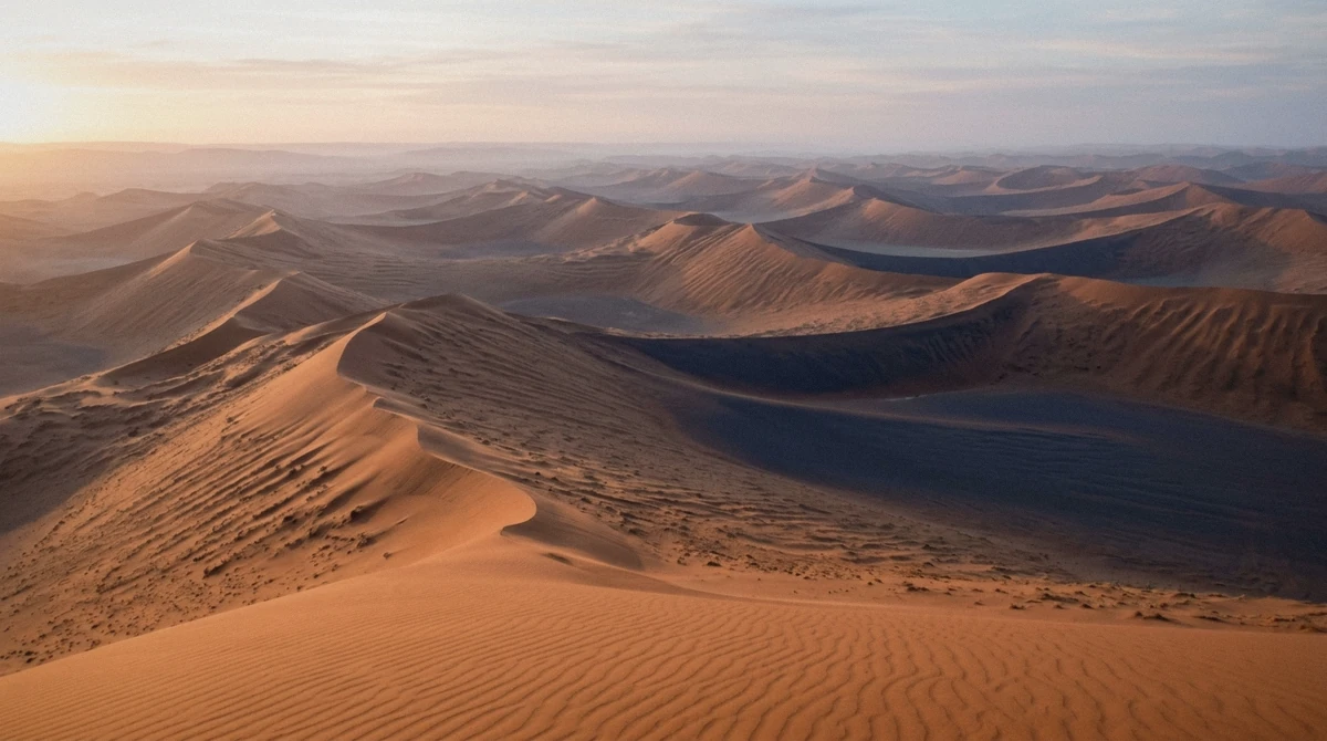Rippled orange dune crests running to the horizon at first light on a Namib Desert tour near Sossusvlei, Namibia