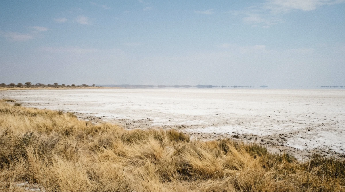 The white glare of the Etosha Pan stretching to the horizon behind dry grass on an Etosha National Park tour, Namibia