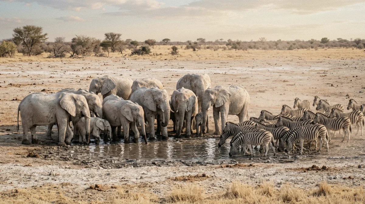 Elephants and zebra crowding a waterhole on the Etosha Pan on an Etosha National Park tour, Namibia