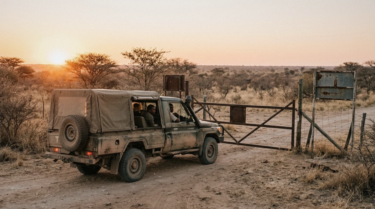 A dust-covered safari vehicle waiting at a park gate at dawn in Etosha National Park, Namibia