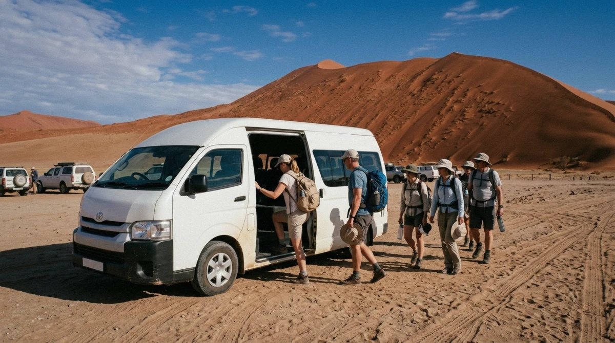A shuttle van loading day visitors at the Sossusvlei 2x4 parking with red dunes behind it in Namibia