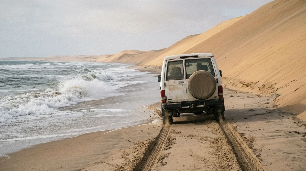 A 4x4 driving the narrow beach between towering dunes and Atlantic surf on a Sandwich Harbour 4x4 tour from Walvis Bay, Namibia