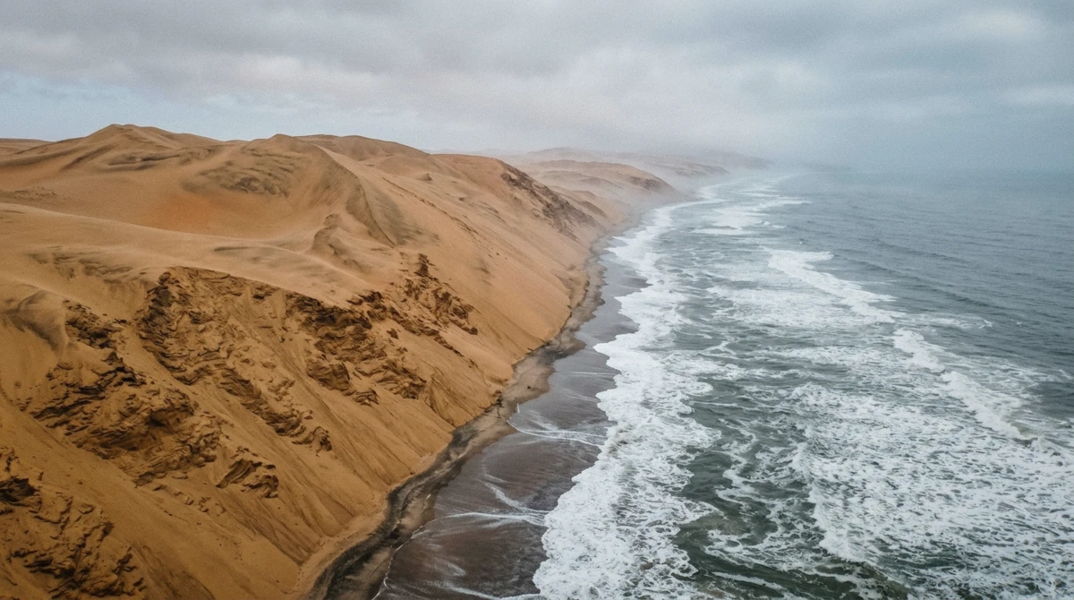 Dunes dropping straight into the Atlantic surf at Sandwich Harbour on a 4x4 Namib Desert tour from Walvis Bay, Namibia