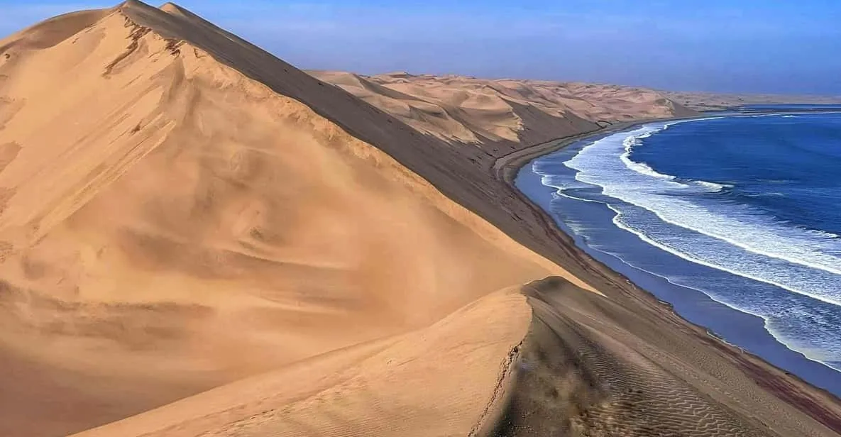 A 4x4 climbing a dune above the Atlantic on a Sandwich Harbour half-day tour from Walvis Bay, Namib Desert, Namibia