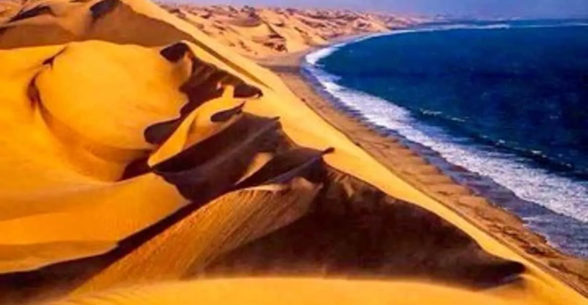 A 4x4 vehicle on the beach route to Sandwich Harbour on a half-day Namib Desert tour from Walvis Bay, Namibia